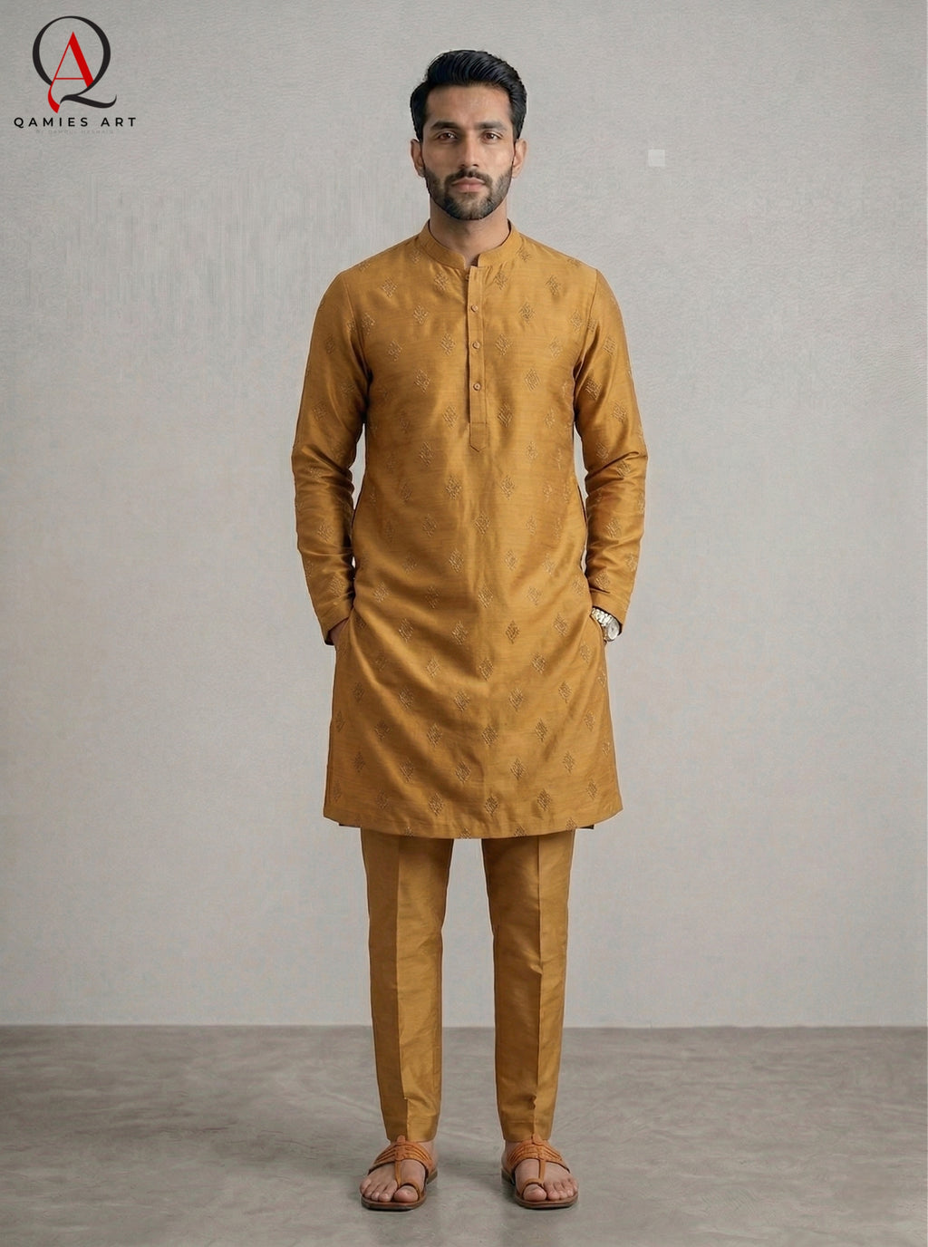 Mustard Fancy Embroidered Kurta for Men | All-Over Machine Booti Design Kurta Pajama for Wedding & Festive Wear