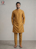 Mustard Fancy Embroidered Kurta for Men | All-Over Machine Booti Design Kurta Pajama for Wedding & Festive Wear