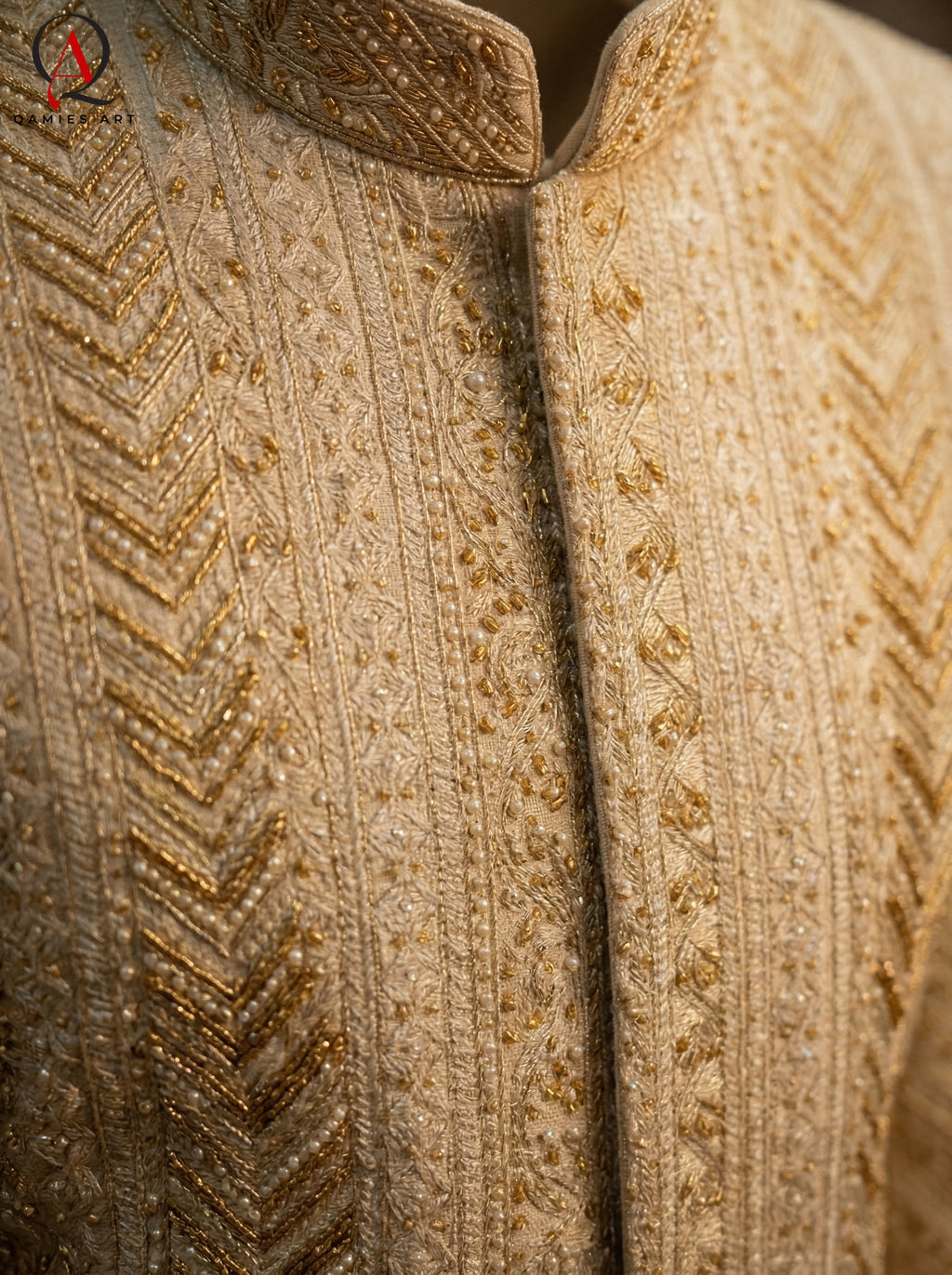Cream Sherwani with Straight Lining Thread Embroidery & Handcrafted Golden-Cream Bead Work