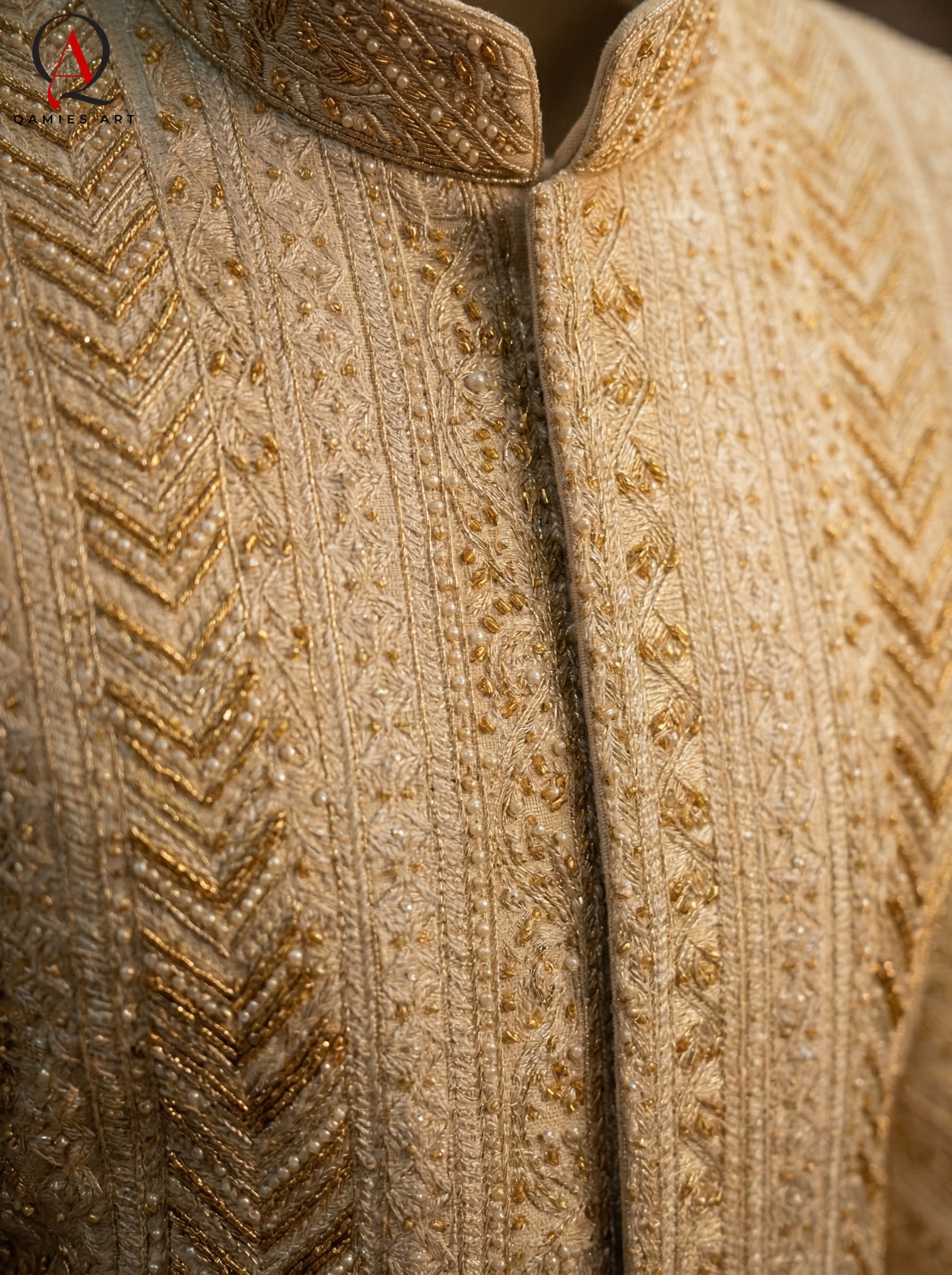 Cream Sherwani with Straight Lining Thread Embroidery & Handcrafted Golden-Cream Bead Work