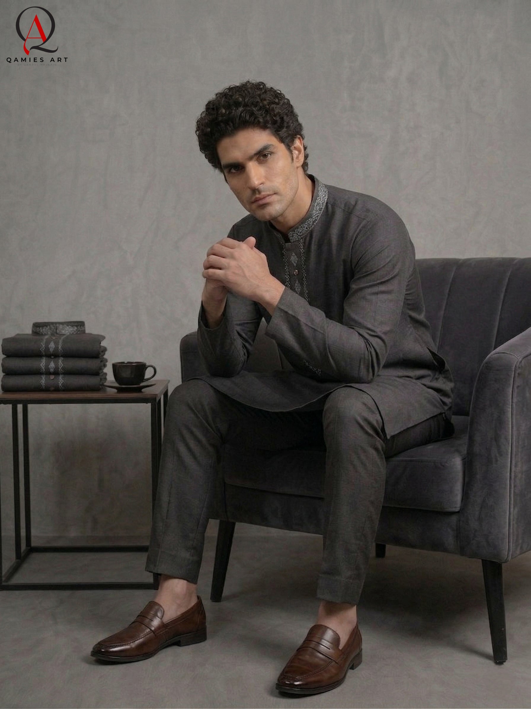 Grey Wash & Wear Fabric Kurta Pajama with Exquisite Hand Embroidery