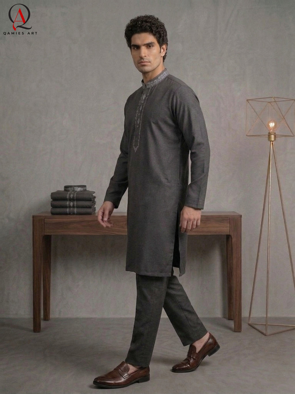 Grey Wash & Wear Fabric Kurta Pajama with Exquisite Hand Embroidery