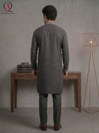 Grey Wash & Wear Fabric Kurta Pajama with Exquisite Hand Embroidery