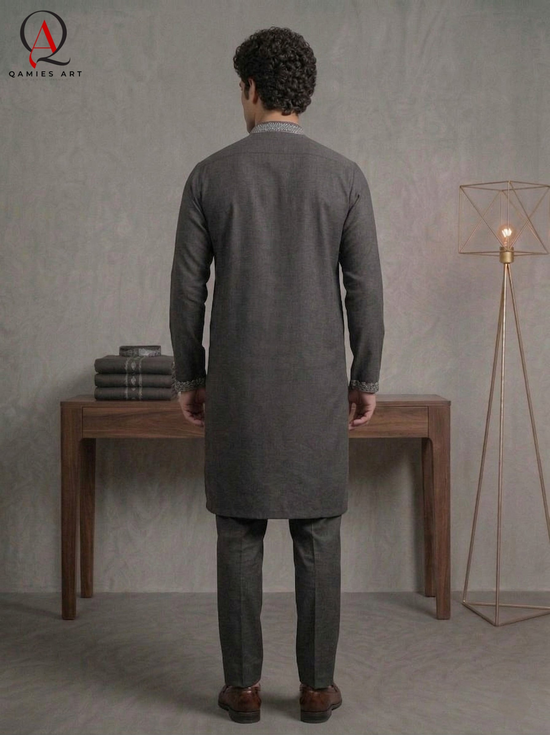 Grey Wash & Wear Fabric Kurta Pajama with Exquisite Hand Embroidery