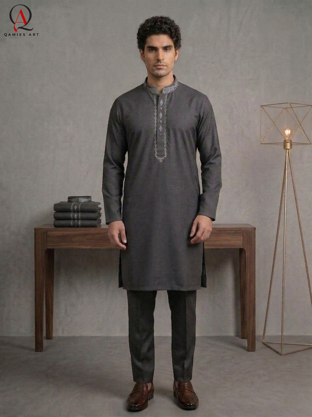 Grey Wash & Wear Fabric Kurta Pajama with Exquisite Hand Embroidery