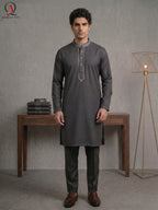 Grey Wash & Wear Fabric Kurta Pajama with Exquisite Hand Embroidery