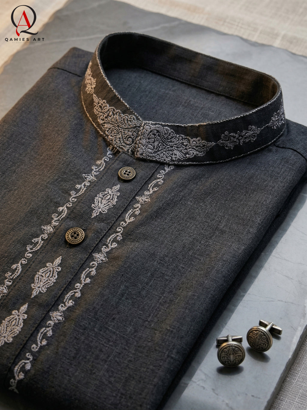 Grey Wash & Wear Fabric Kurta Pajama with Exquisite Hand Embroidery