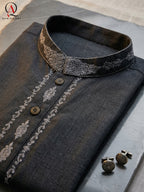 Grey Wash & Wear Fabric Kurta Pajama with Exquisite Hand Embroidery