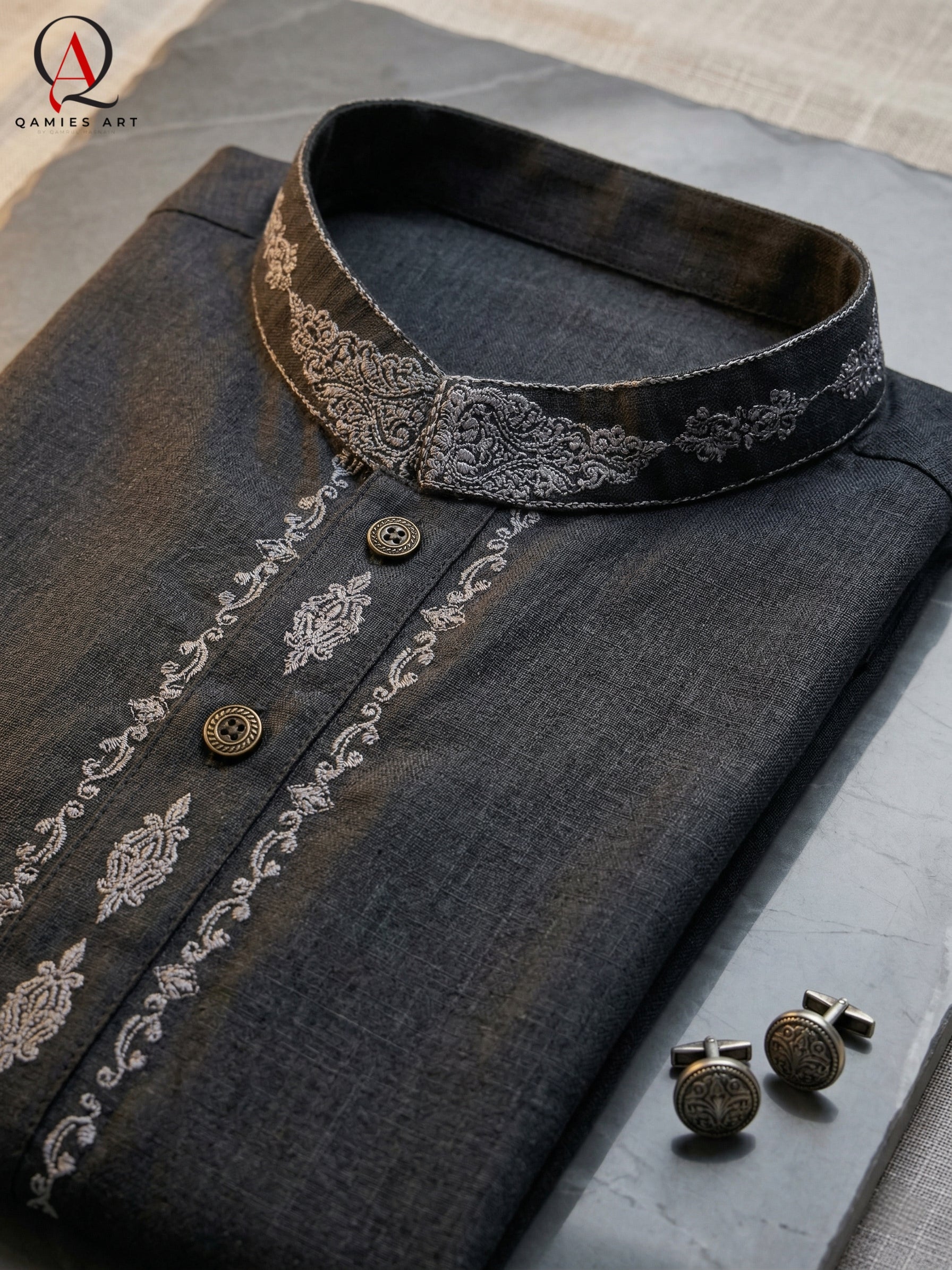 Grey Wash & Wear Fabric Kurta Pajama with Exquisite Hand Embroidery