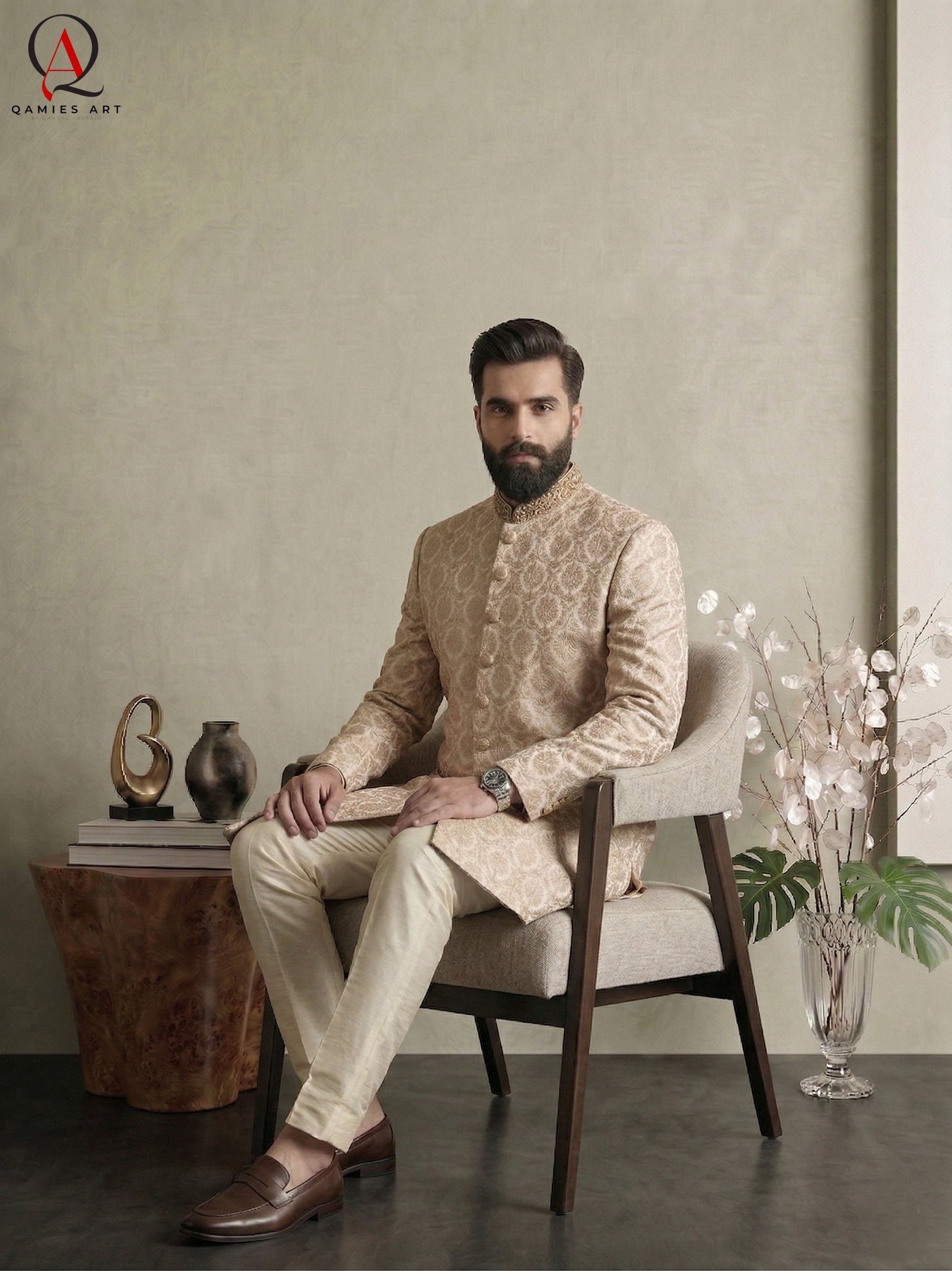 Golden Messori Fabric Sherwani with All-Over Motif Machine Embroidery & Hand-Embellished Collar