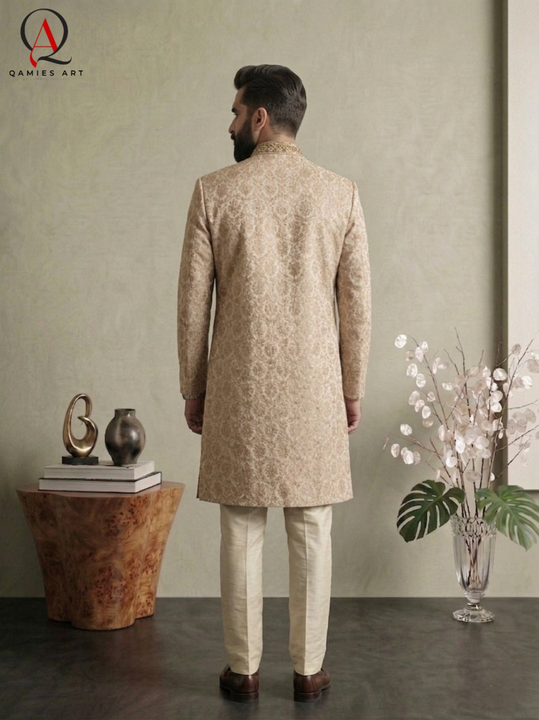 Golden Messori Fabric Sherwani with All-Over Motif Machine Embroidery & Hand-Embellished Collar