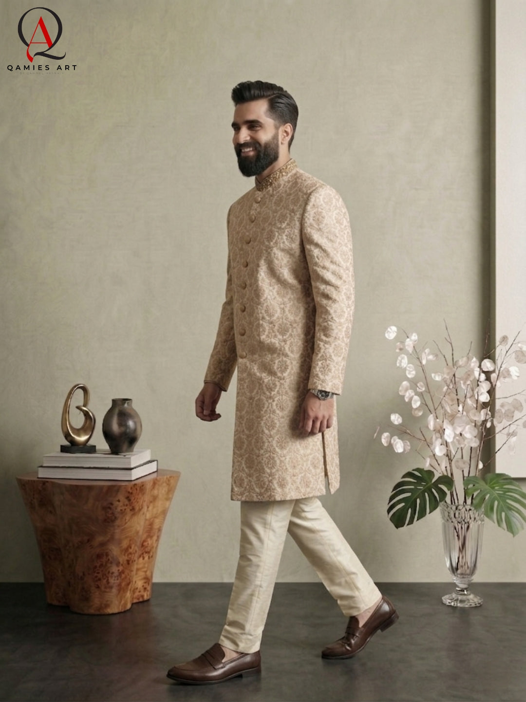 Golden Messori Fabric Sherwani with All-Over Motif Machine Embroidery & Hand-Embellished Collar