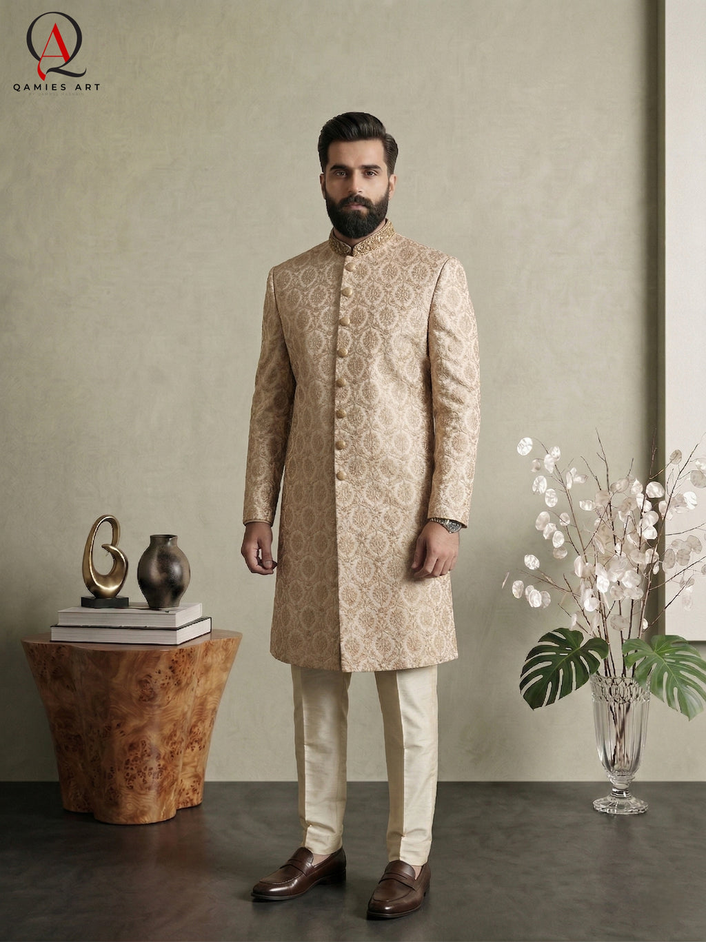 Golden Messori Fabric Sherwani with All-Over Motif Machine Embroidery & Hand-Embellished Collar