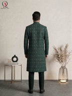 Emerald Green Pure Viscose Sherwani with Thread Embroidery & Golden Zari Work | Luxury Groom Wedding Sherwani for Men