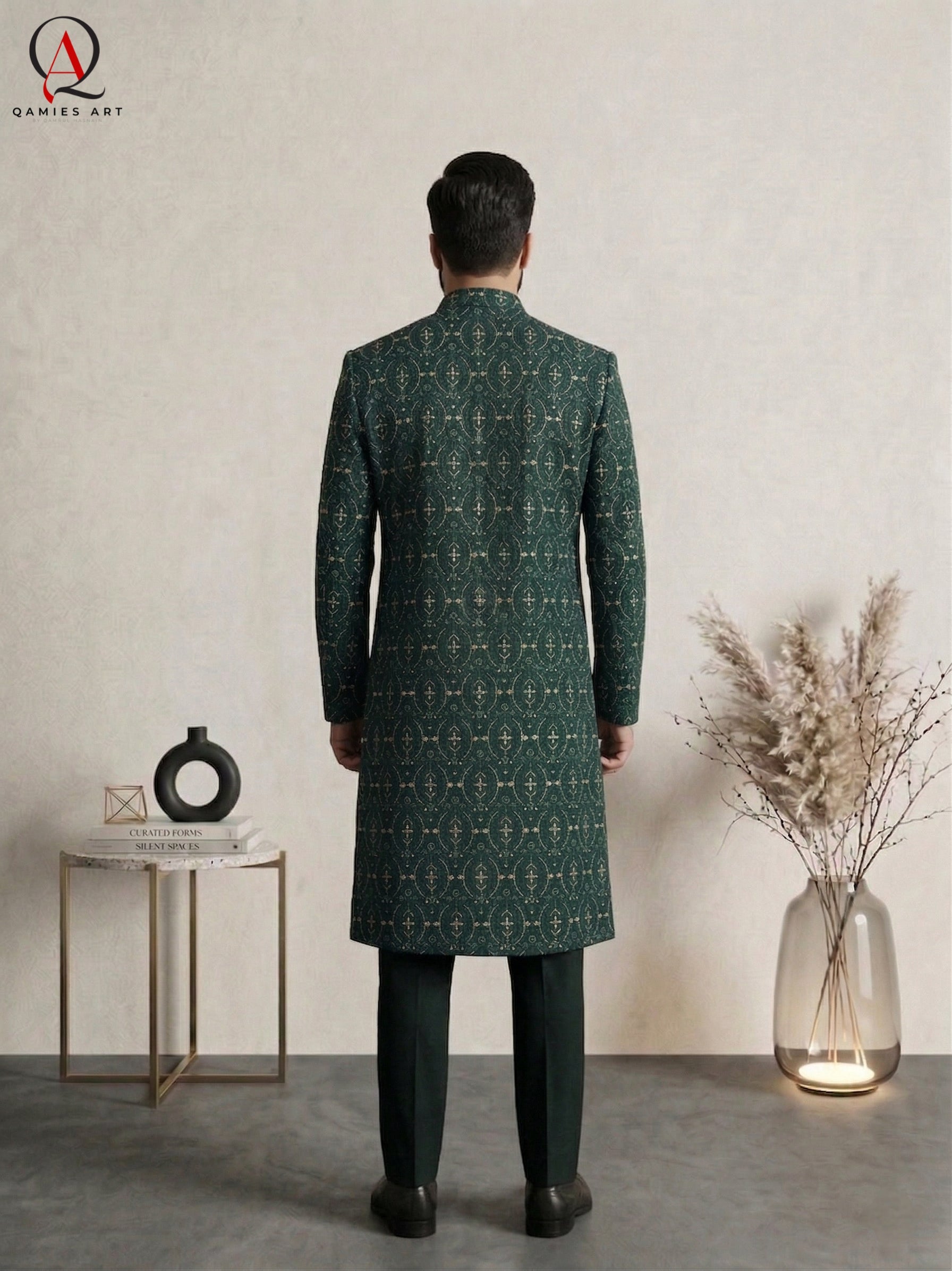 Emerald Green Pure Viscose Sherwani with Thread Embroidery & Golden Zari Work | Luxury Groom Wedding Sherwani for Men