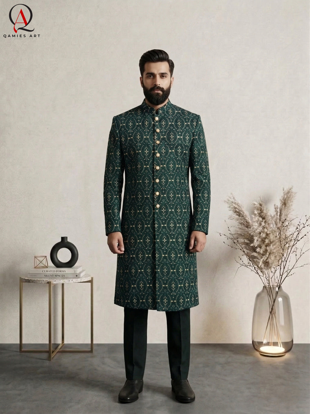 Emerald Green Pure Viscose Sherwani with Thread Embroidery & Golden Zari Work | Luxury Groom Wedding Sherwani for Men