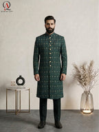 Emerald Green Pure Viscose Sherwani with Thread Embroidery & Golden Zari Work | Luxury Groom Wedding Sherwani for Men