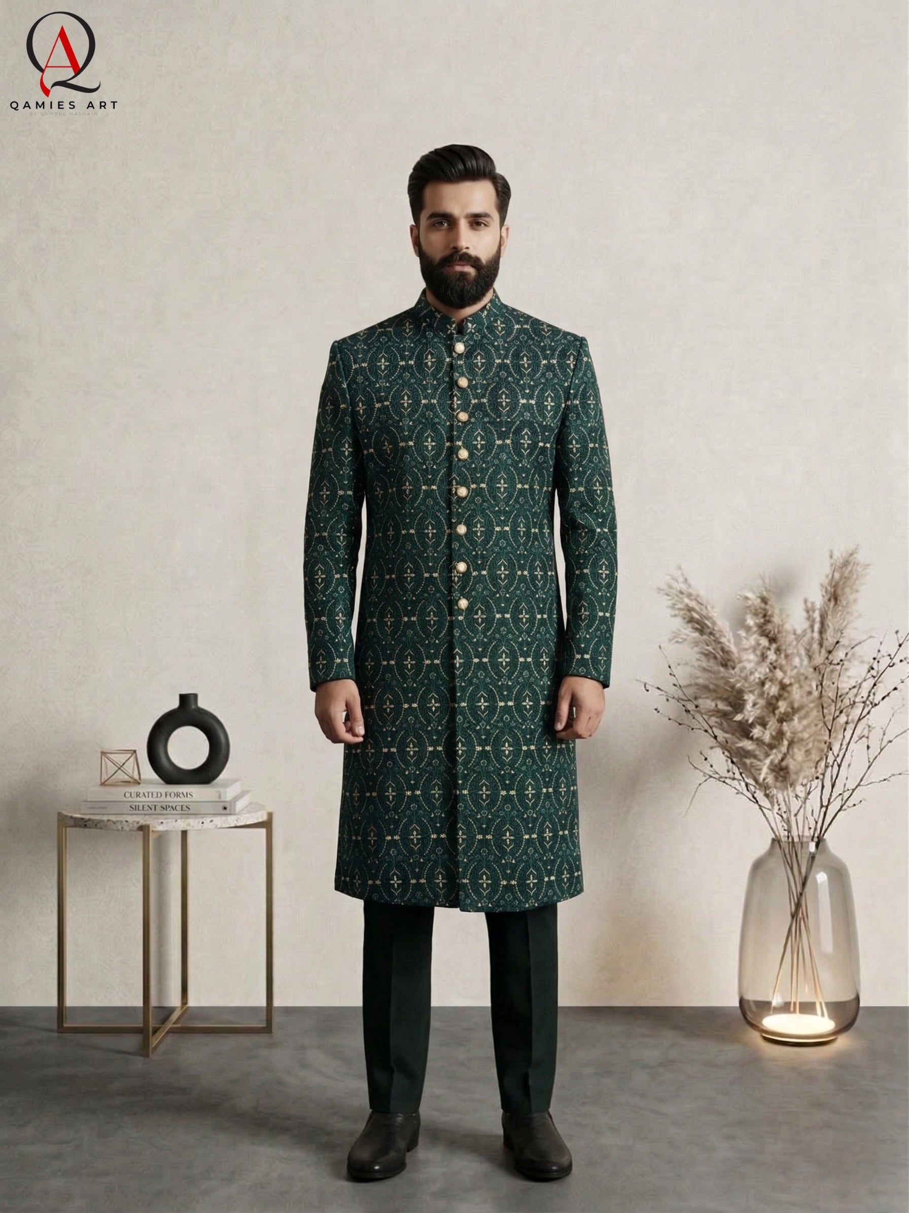 Emerald Green Pure Viscose Sherwani with Thread Embroidery & Golden Zari Work | Luxury Groom Wedding Sherwani for Men