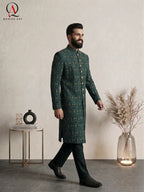 Emerald Green Pure Viscose Sherwani with Thread Embroidery & Golden Zari Work | Luxury Groom Wedding Sherwani for Men