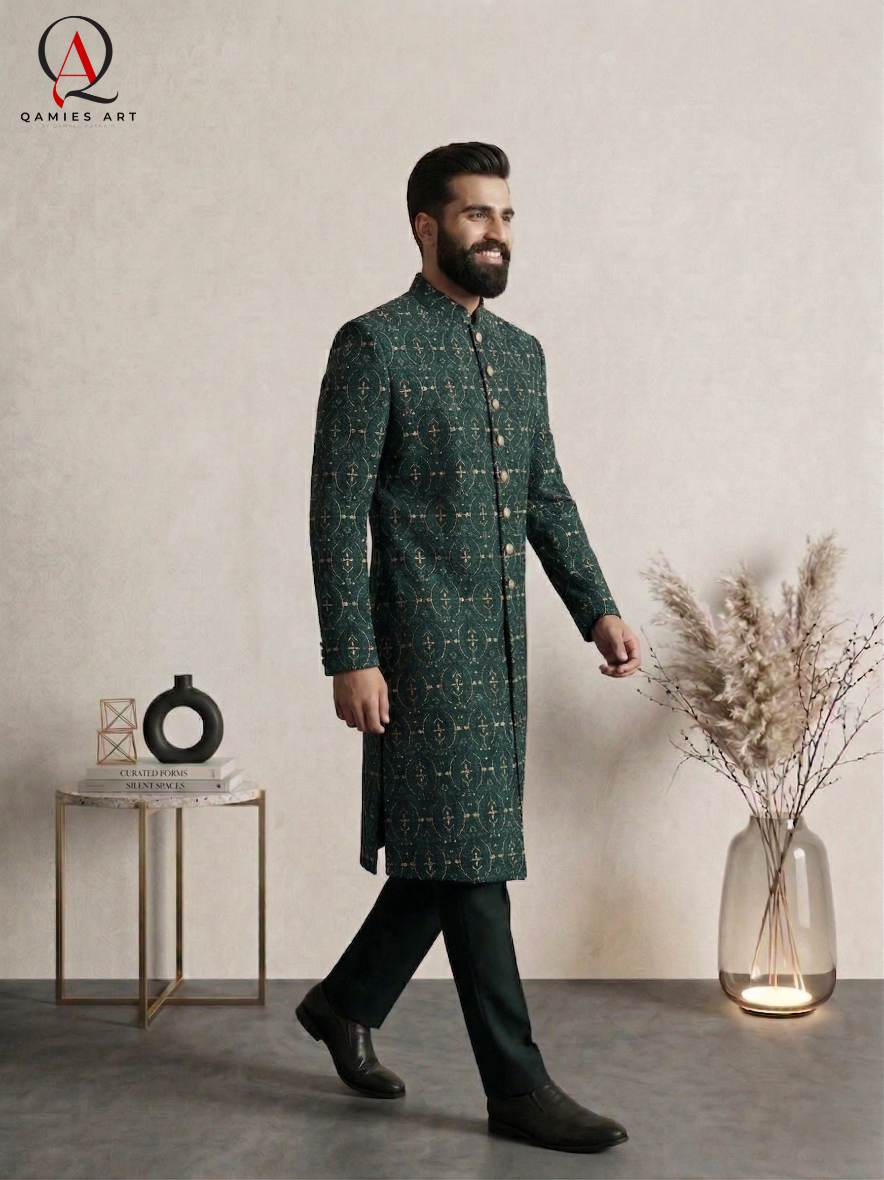 Emerald Green Pure Viscose Sherwani with Thread Embroidery & Golden Zari Work | Luxury Groom Wedding Sherwani for Men