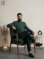 Emerald Green Pure Viscose Sherwani with Thread Embroidery & Golden Zari Work | Luxury Groom Wedding Sherwani for Men