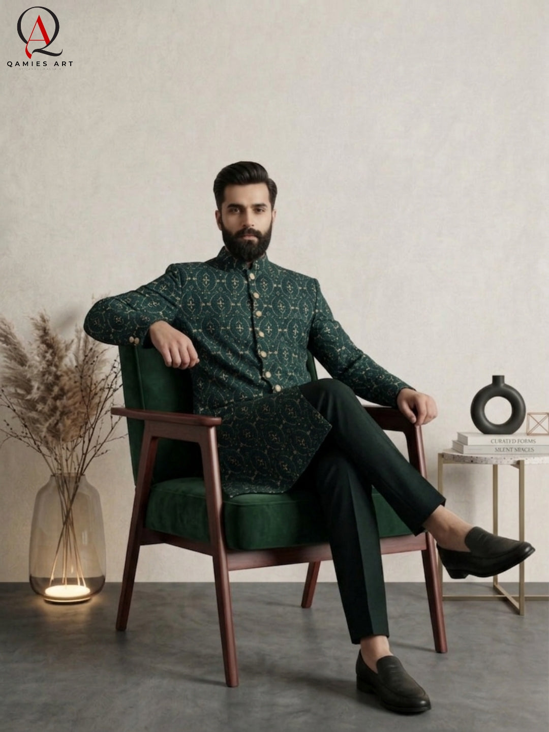 Emerald Green Pure Viscose Sherwani with Thread Embroidery & Golden Zari Work | Luxury Groom Wedding Sherwani for Men