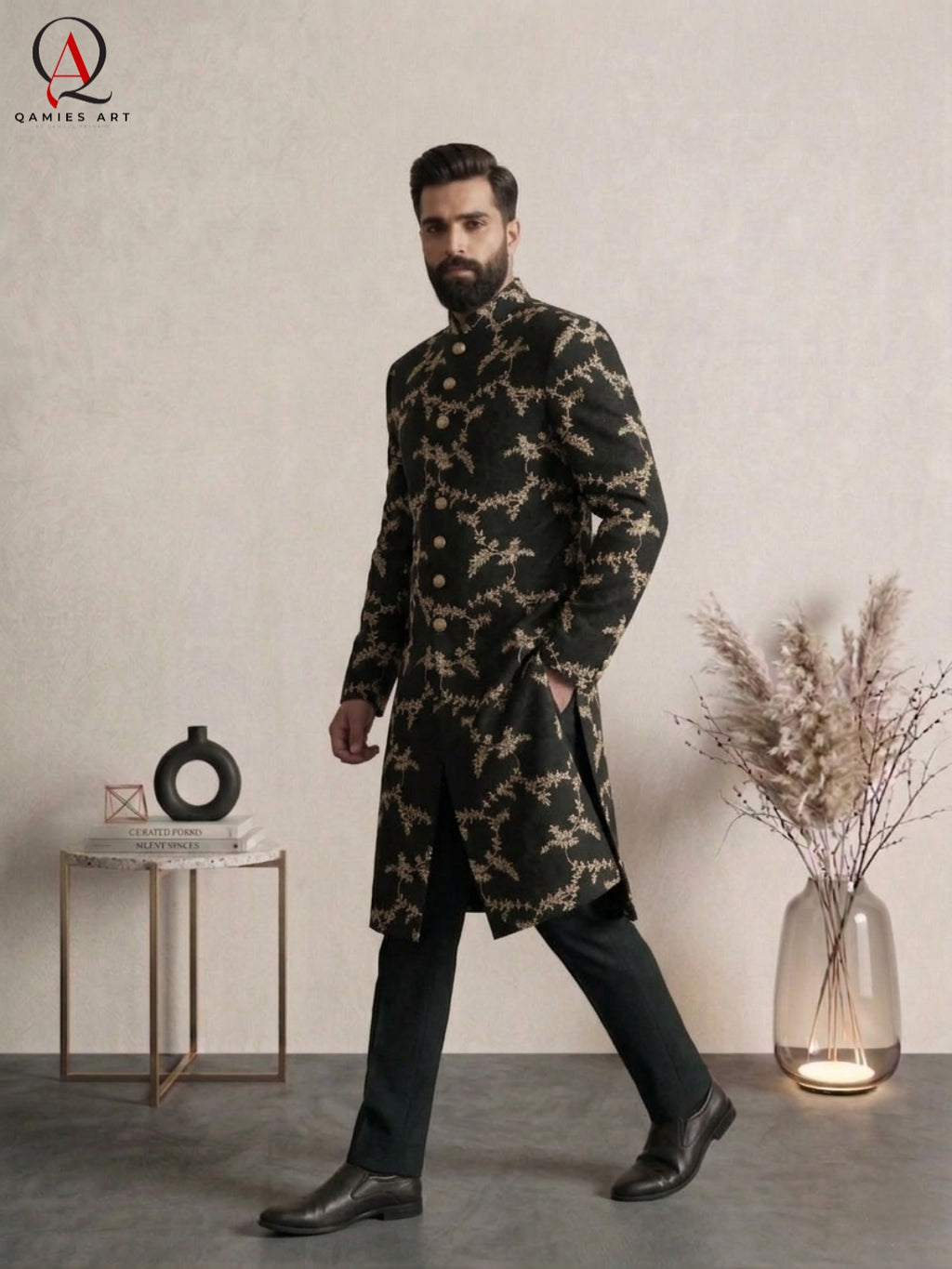Black Sherwani with Golden Thread & Zari Jaal Embroidery | Luxury Groom Wedding Sherwani for Men