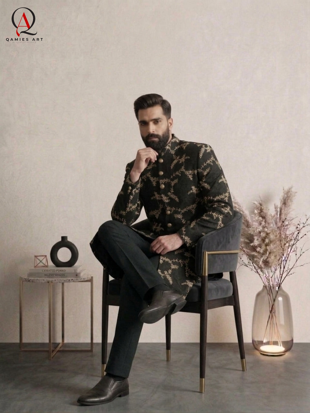 Black Sherwani with Golden Thread & Zari Jaal Embroidery | Luxury Groom Wedding Sherwani for Men