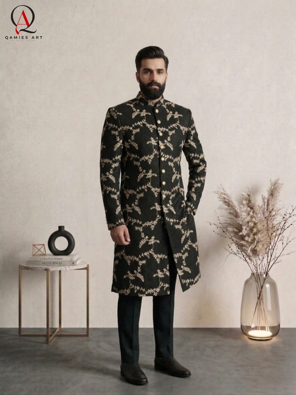 Black Sherwani with Golden Thread & Zari Jaal Embroidery | Luxury Groom Wedding Sherwani for Men