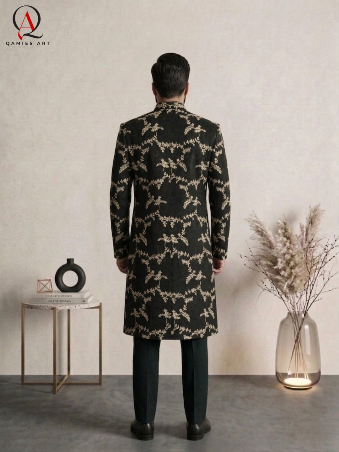 Black Sherwani with Golden Thread & Zari Jaal Embroidery | Luxury Groom Wedding Sherwani for Men