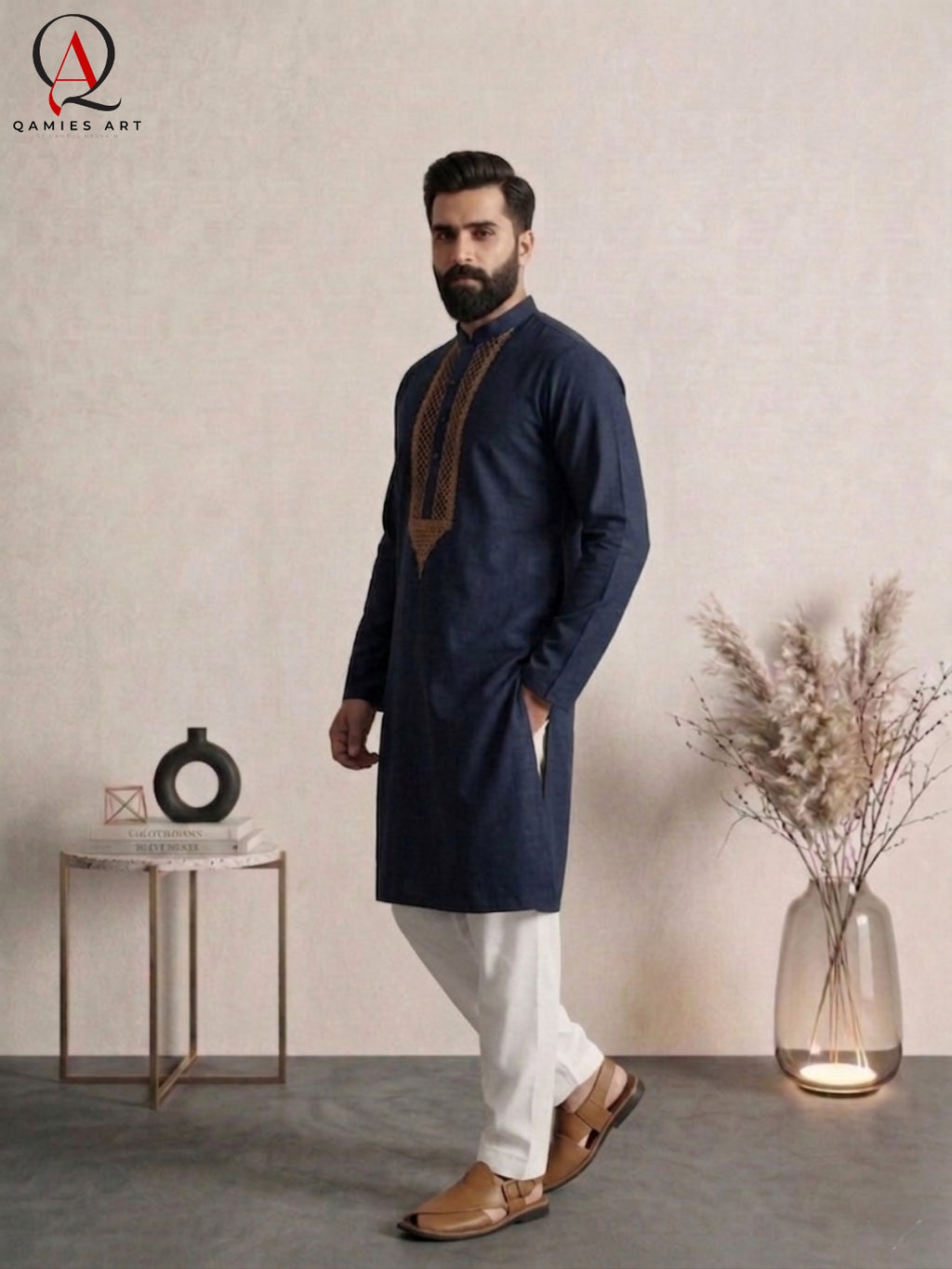 Designer Navy Blue Kurta | Wash & Wear Fabric with Handmade Front Embroidery