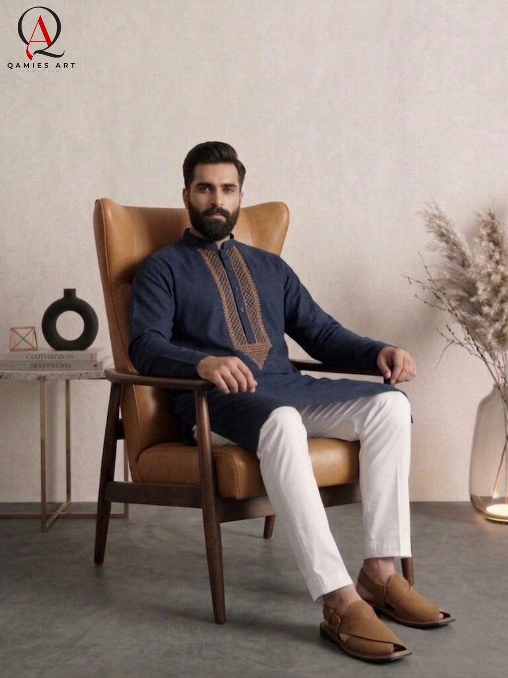 Designer Navy Blue Kurta | Wash & Wear Fabric with Handmade Front Embroidery