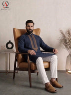 Designer Navy Blue Kurta | Wash & Wear Fabric with Handmade Front Embroidery