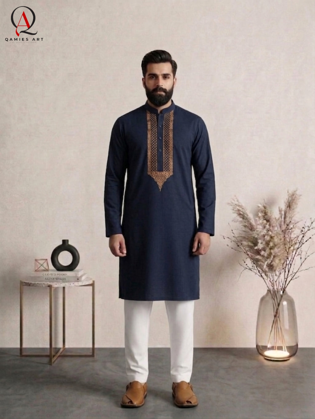 Designer Navy Blue Kurta | Wash & Wear Fabric with Handmade Front Embroidery