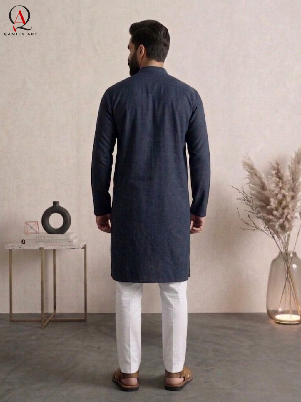 Designer Navy Blue Kurta | Wash & Wear Fabric with Handmade Front Embroidery