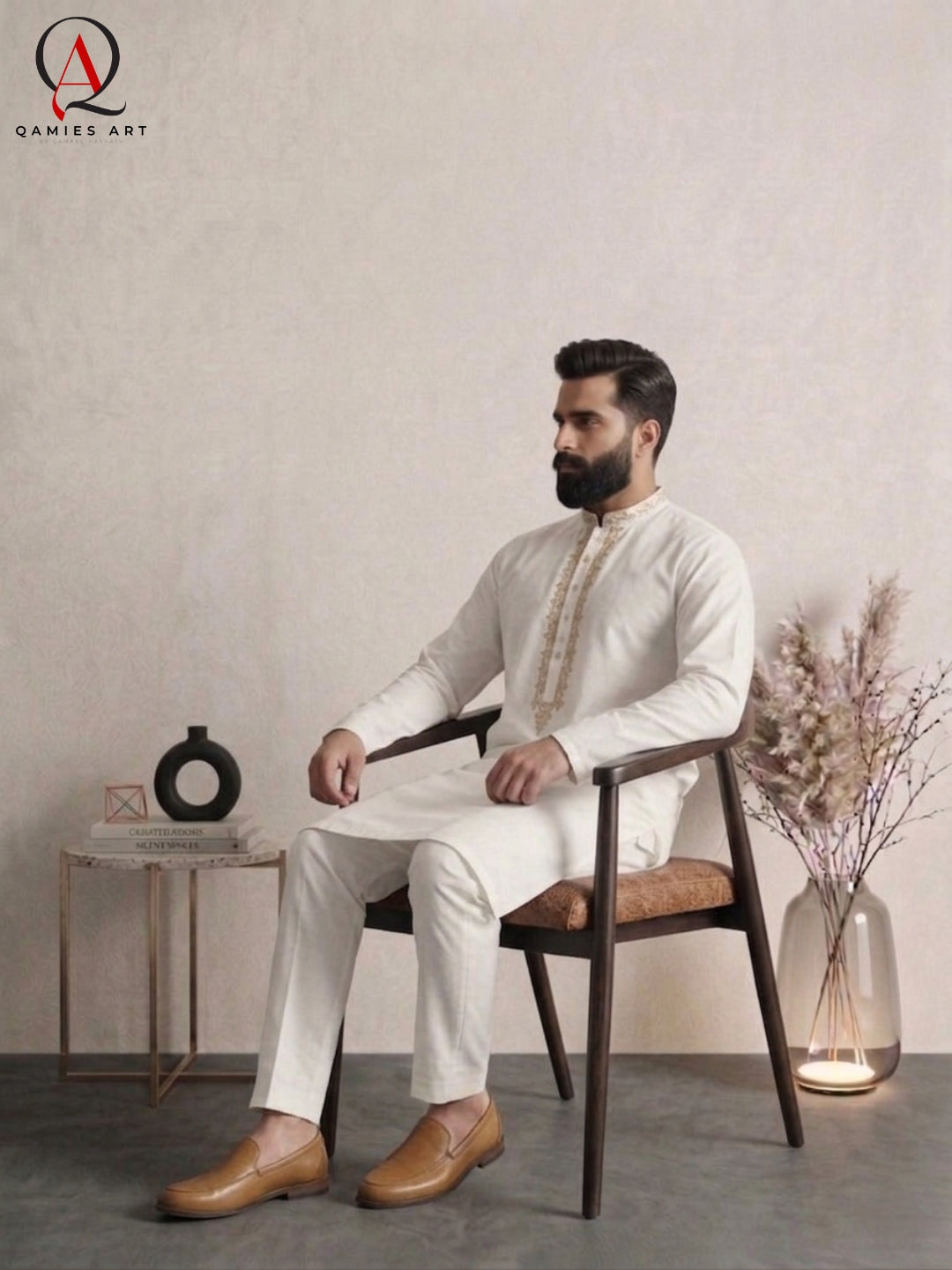 Off White Wash & Wear Kurta Pajama with Handmade Thread Embroidery on Collar & Neckline
