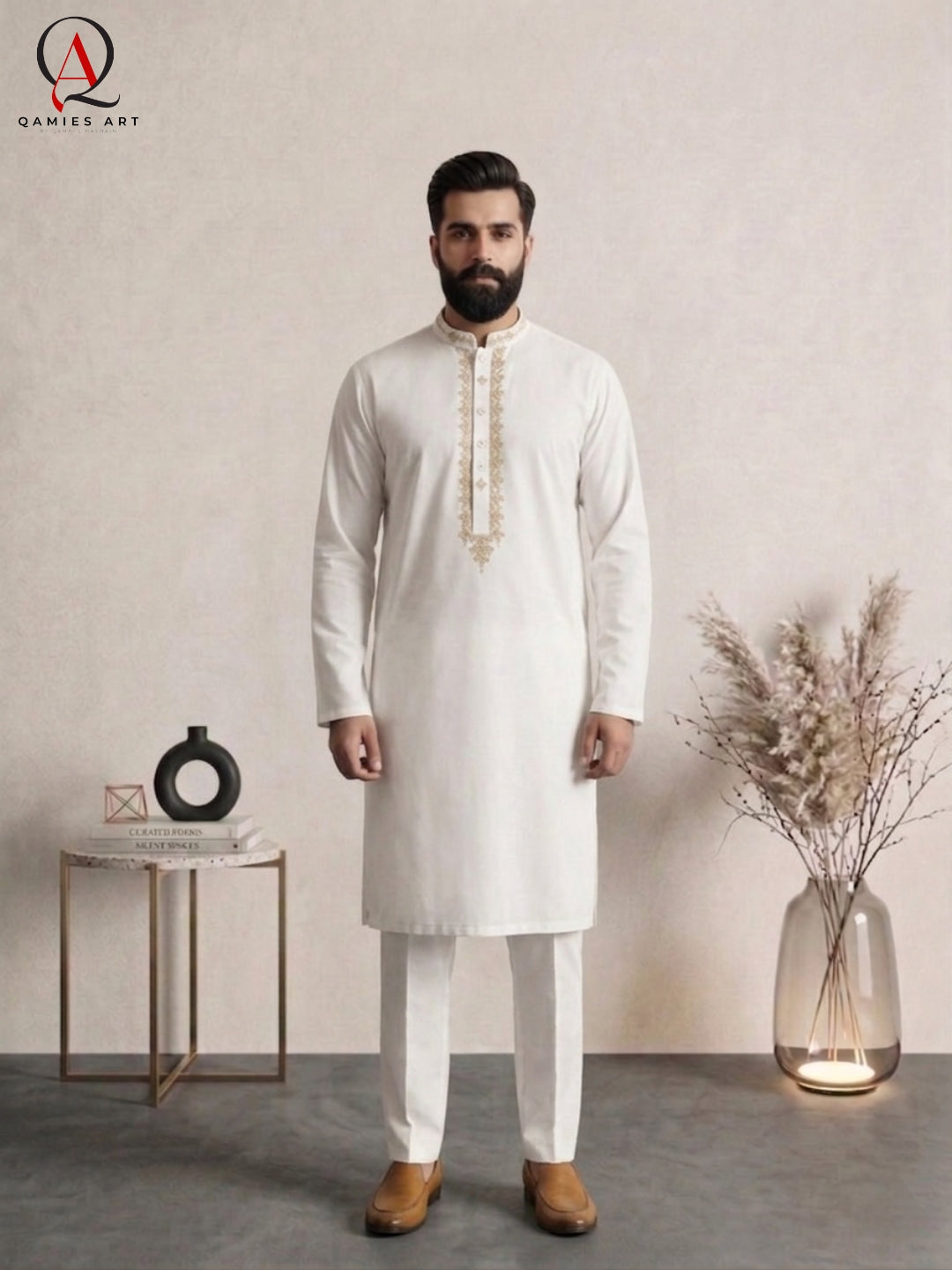 Off White Wash & Wear Kurta Pajama with Handmade Thread Embroidery on Collar & Neckline