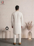 Off White Wash & Wear Kurta Pajama with Handmade Thread Embroidery on Collar & Neckline