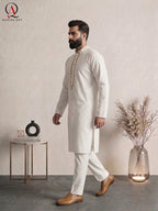 Off White Wash & Wear Kurta Pajama with Handmade Thread Embroidery on Collar & Neckline