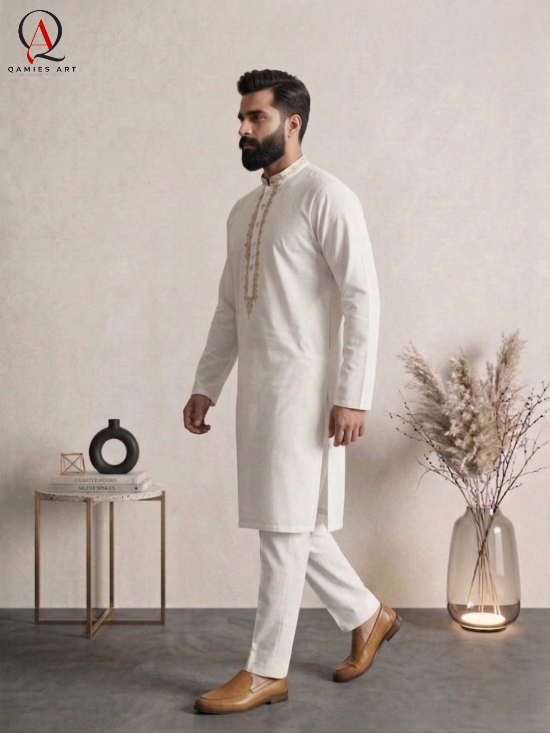 Off White Wash & Wear Kurta Pajama with Handmade Thread Embroidery on Collar & Neckline