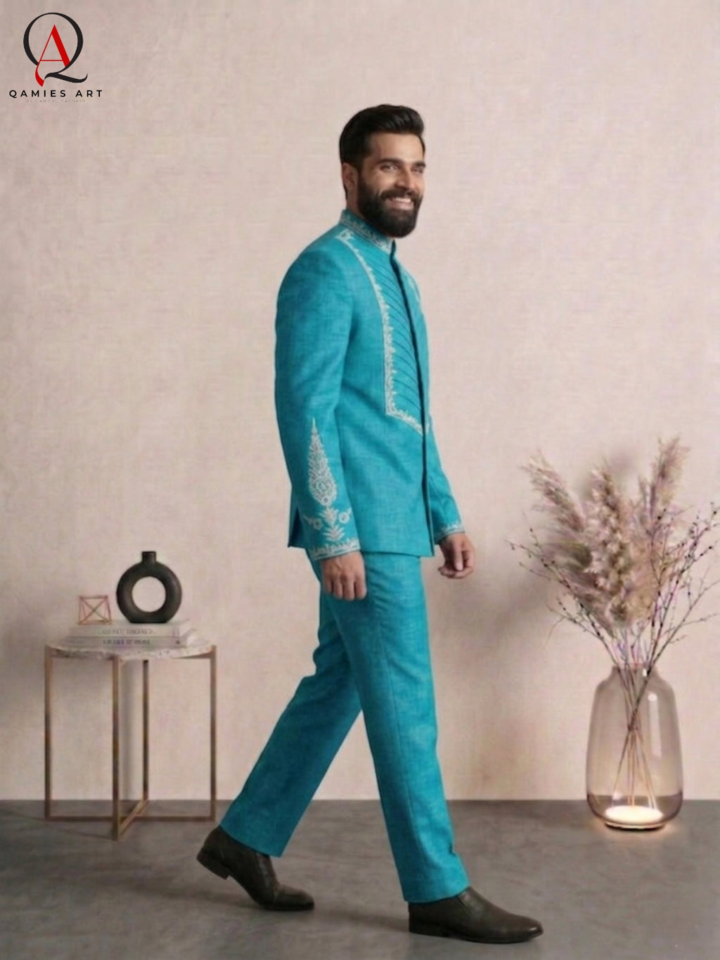 Turquoise Green Prince Coat with Handcrafted Embroidery & Matching Pants | Wedding & Formal Wear Prince Coat Style Outfit