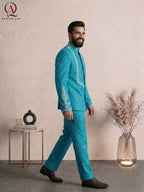 Turquoise Green Prince Coat with Handcrafted Embroidery & Matching Pants | Wedding & Formal Wear Prince Coat Style Outfit