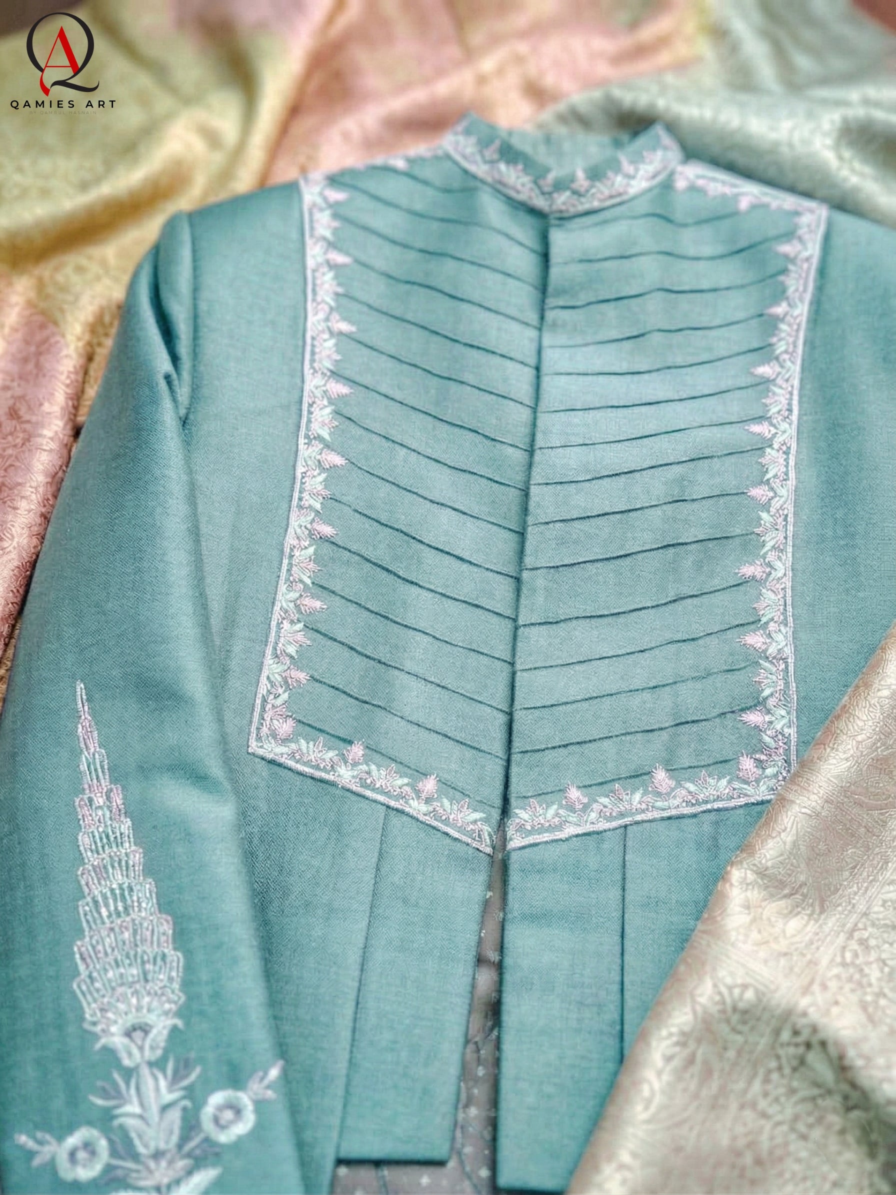 Turquoise Green Prince Coat with Handcrafted Embroidery & Matching Pants | Wedding & Formal Wear Prince Coat Style Outfit