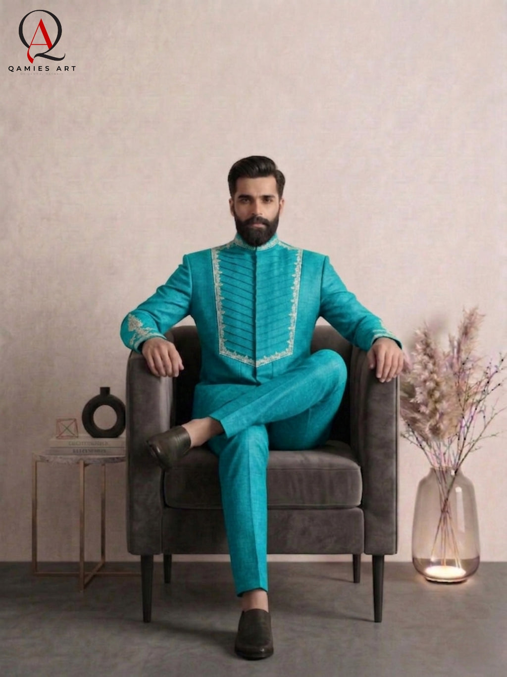 Turquoise Green Prince Coat with Handcrafted Embroidery & Matching Pants | Wedding & Formal Wear Prince Coat Style Outfit