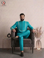 Turquoise Green Prince Coat with Handcrafted Embroidery & Matching Pants | Wedding & Formal Wear Prince Coat Style Outfit