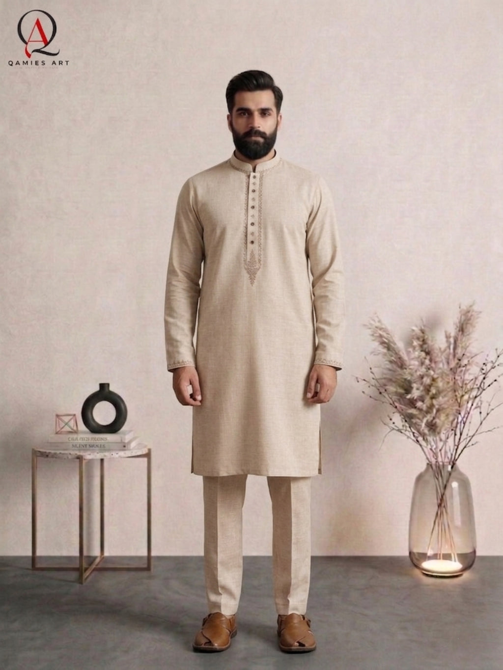 Self Beige Wash & Wear Kurta with Collar & Handcrafted Front Embroidery | Men’s Formal & Wedding Wear