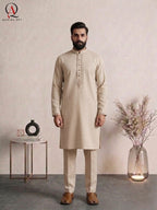 Self Beige Wash & Wear Kurta with Collar & Handcrafted Front Embroidery | Men’s Formal & Wedding Wear