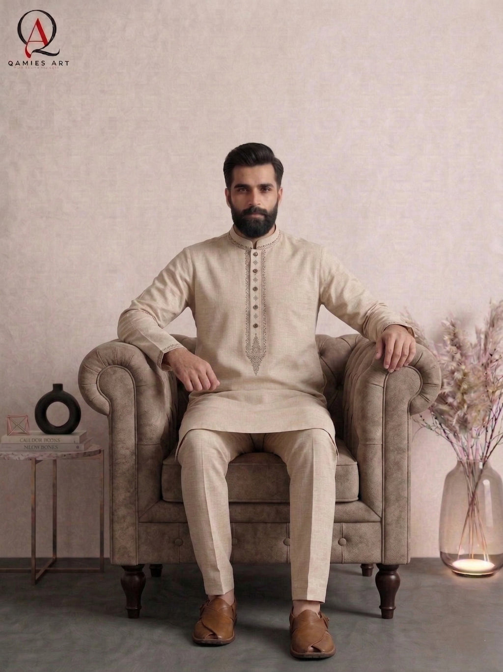 Self Beige Wash & Wear Kurta with Collar & Handcrafted Front Embroidery | Men’s Formal & Wedding Wear