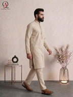 Self Beige Wash & Wear Kurta with Collar & Handcrafted Front Embroidery | Men’s Formal & Wedding Wear