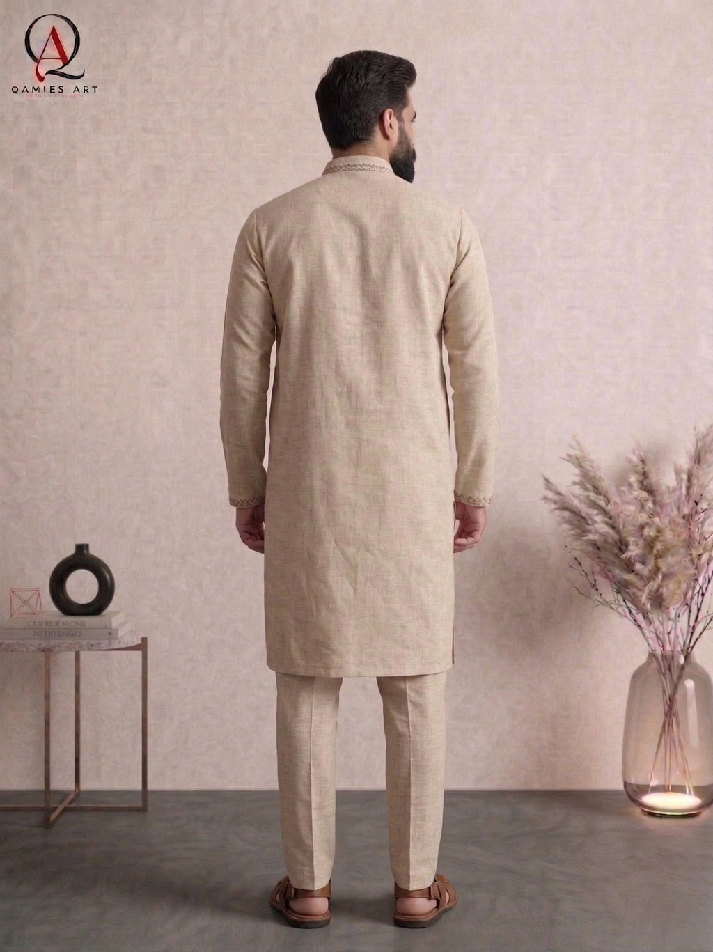 Self Beige Wash & Wear Kurta with Collar & Handcrafted Front Embroidery | Men’s Formal & Wedding Wear